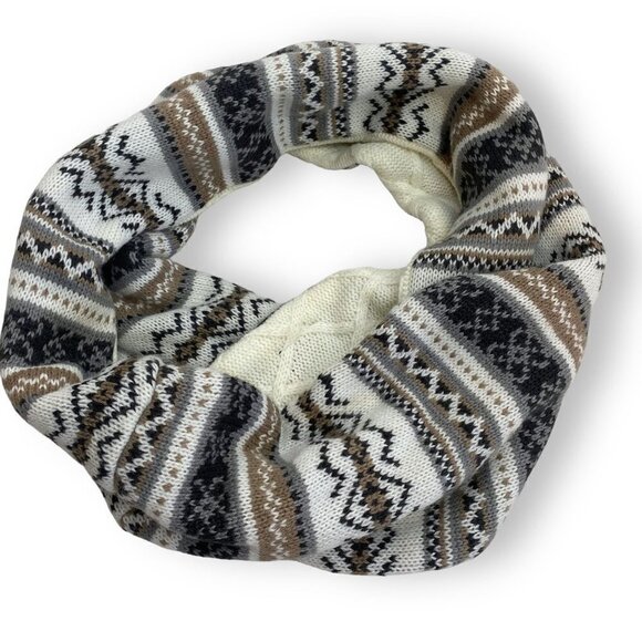 Muk Luks Infinity Loop Scarf Fair Isle Knit Ivory Beige Gray Reversible Nordic - Picture 1 of 10